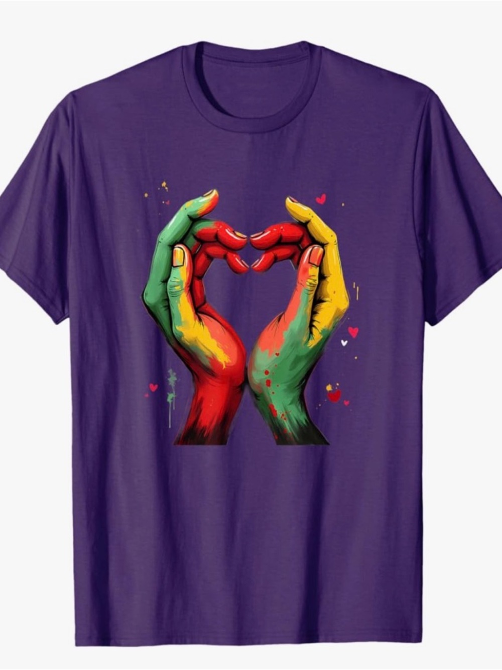 Purple Graphic T-Shirt with Colorful Heart Hands